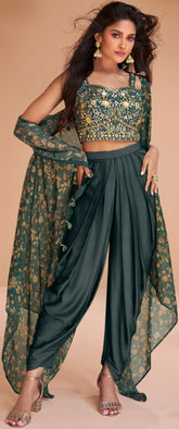 Exclusive handwork on viscose nylon Dhoti style Green dress with floral shrug | unique dress indian wear
